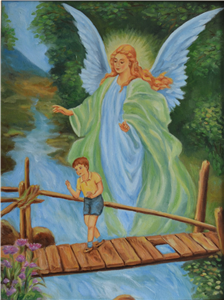 "Anioł Stróż" z chłopcem na mostku